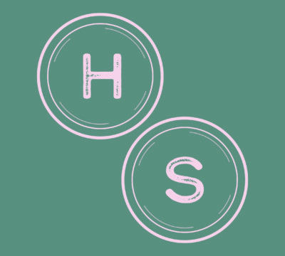 the HS-LA logo (a H and an S illustrated as old fashioned typewriter keys in pink on a green background)