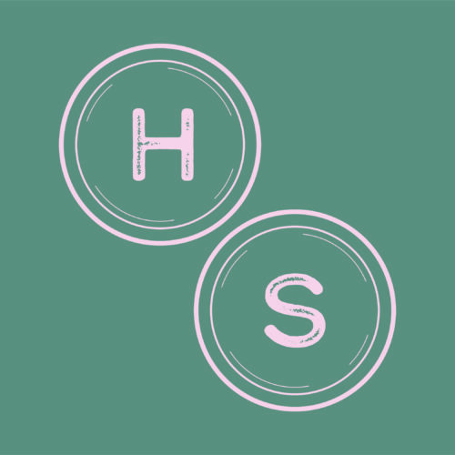 the HS-LA logo (a H and an S illustrated as old fashioned typewriter keys in pink on a green background)
